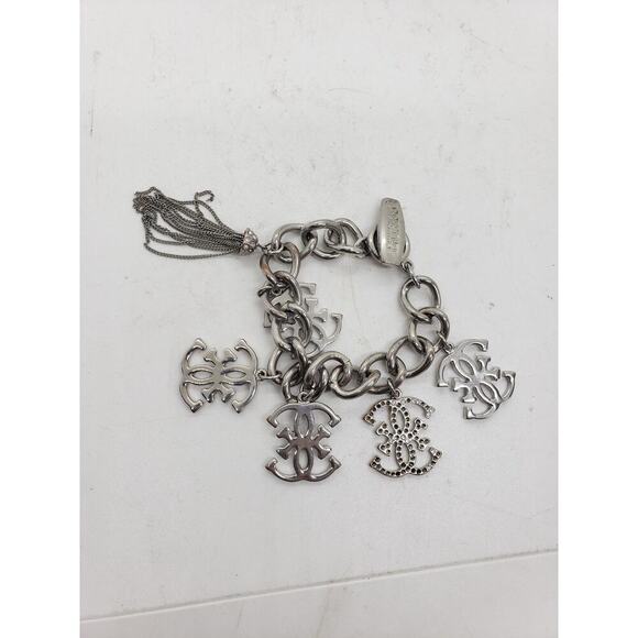 Vintage Guess Logo Big Charm Bracelet Silver Tone Rhinestone Tassel Chain Chunky - Picture 7 of 7